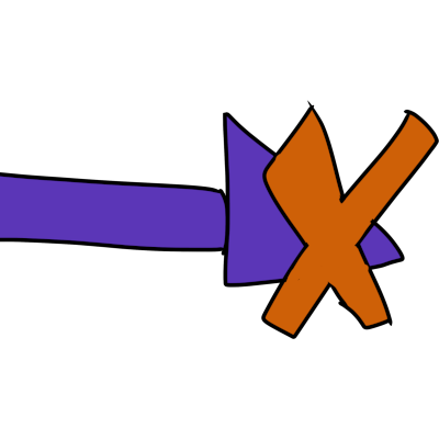 a bluish purple arrow pointing right. A dark orange X covers part of the arrow’s point